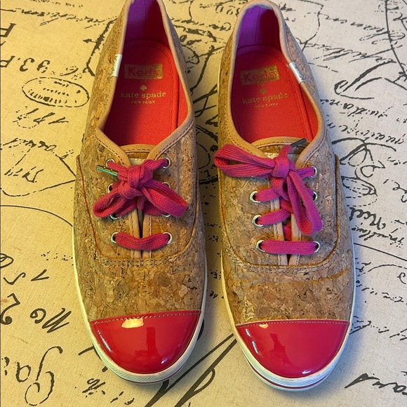 Keds x Kate Spade ♠️ New York Corkie Sneakers Pink Laces Patent Leather Toe Caps - Picture 7 of 16